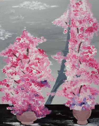 Pintura intitulada "Cerisiers Bonsaï à…" por Christelle Carlton, Obras de arte originais, Acrílico