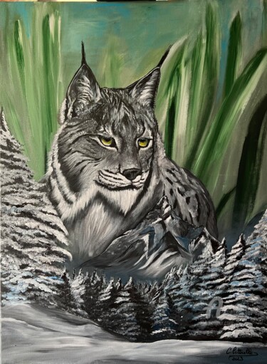 Painting titled "Le Jura et son lynx" by Christelle Cottrelle, Original Artwork, Acrylic Mounted on Wood Stretcher frame