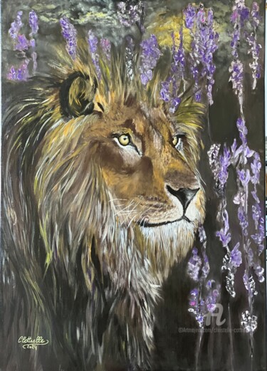 Malerei mit dem Titel "Sa majesté le lion" von Christelle Cottrelle, Original-Kunstwerk, Acryl Auf Keilrahmen aus Holz monti…