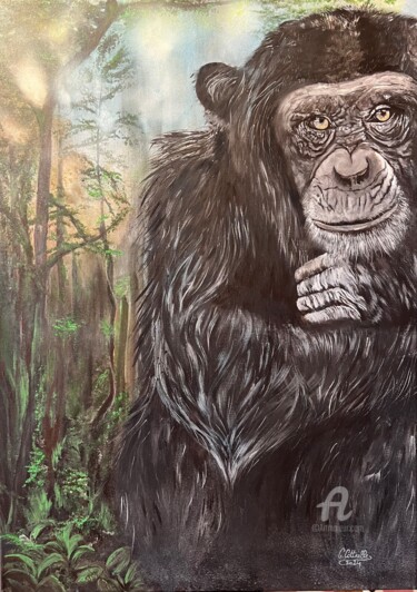 Painting titled "Chimpanzé inquiet" by Christelle Cottrelle, Original Artwork, Acrylic Mounted on Wood Stretcher frame