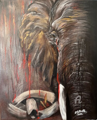 Pittura intitolato "Menace sur l’élépha…" da Christelle Cottrelle, Opera d'arte originale, Acrilico