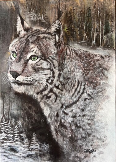 Painting titled "Le Lynx une rare pr…" by Christelle Cottrelle, Original Artwork, Acrylic Mounted on Wood Stretcher frame
