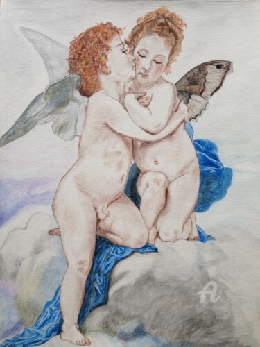 Dessin intitulée "Dessin Bisou d'ange" par Christelle Cottrelle, Œuvre d'art originale, Crayon
