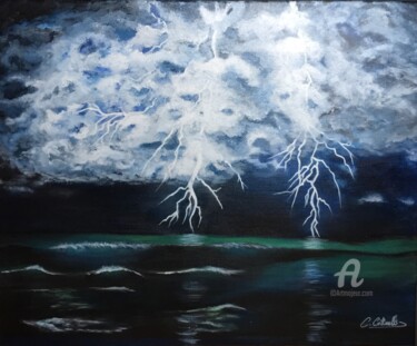 Painting titled "Nuit orageuse en mer" by Christelle Cottrelle, Original Artwork, Acrylic