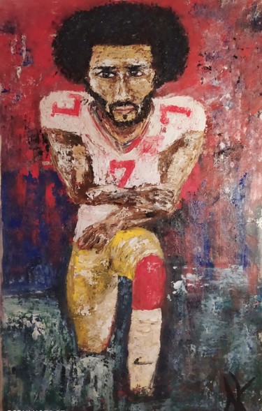 Painting titled "Colin Kaepernick" by Christelle Grange, Original Artwork, Acrylic Mounted on Wood Stretcher frame