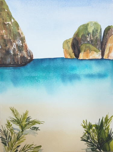 Malerei mit dem Titel "Plage aux rochers N…" von Christelle Lachambre, Original-Kunstwerk, Aquarell