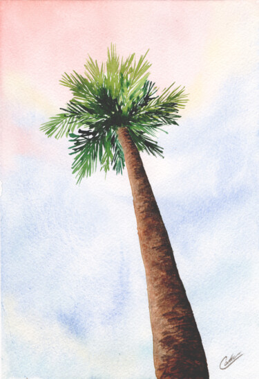 Malarstwo zatytułowany „Un palmier sous le…” autorstwa Christelle Lachambre, Oryginalna praca, Akwarela