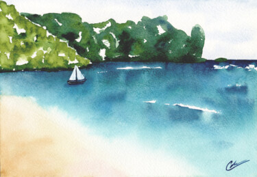 Painting titled "Plage de Thaïlande" by Christelle Lachambre, Original Artwork, Watercolor