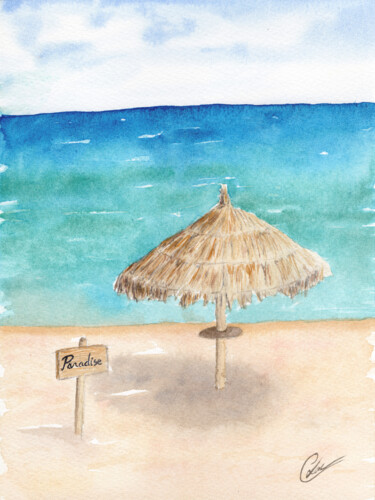 Malerei mit dem Titel "Paradis au soleil" von Christelle Lachambre, Original-Kunstwerk, Aquarell