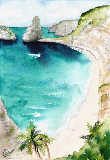 Malerei mit dem Titel "Plage dans les fala…" von Christelle Lachambre, Original-Kunstwerk, Aquarell