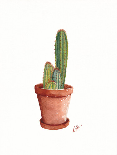 Schilderij getiteld "Cactus en pot n°2" door Christelle Lachambre, Origineel Kunstwerk, Aquarel
