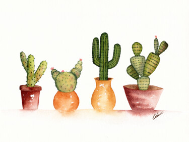 Painting titled "Les 4 cactus" by Christelle Lachambre, Original Artwork, Watercolor