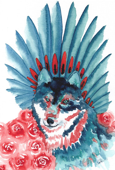 Painting titled "Loup, animal totem" by Christelle Lachambre, Original Artwork, Watercolor