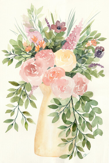 Malerei mit dem Titel "Bouquet dans pot au…" von Christelle Lachambre, Original-Kunstwerk, Aquarell
