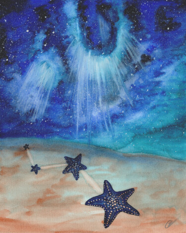 Malerei mit dem Titel "Galaxie sous la mer" von Christelle Lachambre, Original-Kunstwerk, Aquarell