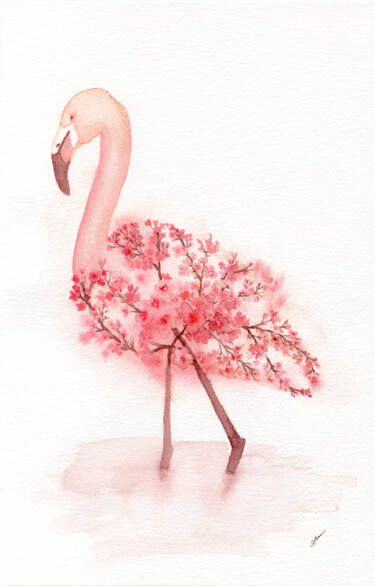 Painting titled "Flamand rose cerisi…" by Christelle Lachambre, Original Artwork, Watercolor