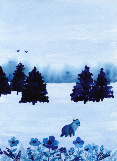 Peinture intitulée "Le renard bleu" par Christelle Lachambre, Œuvre d'art originale, Aquarelle