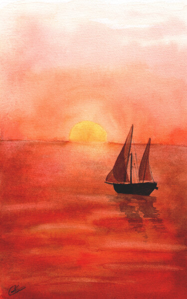 Peinture intitulée "Voilier au soleil c…" par Christelle Lachambre, Œuvre d'art originale, Aquarelle
