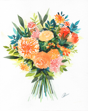 Painting titled "Bouquet chaud" by Christelle Lachambre, Original Artwork, Watercolor