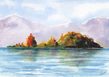 Картина под названием "L'île sur le lac" - Christelle Lachambre, Подлинное произведение искусства, Акварель