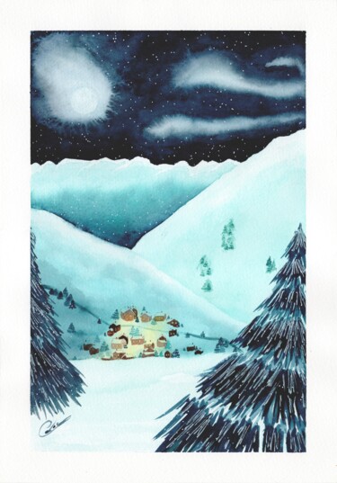 Malarstwo zatytułowany „Village en montagne…” autorstwa Christelle Lachambre, Oryginalna praca, Akwarela
