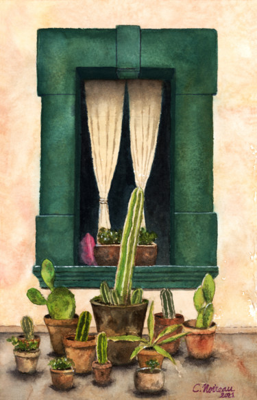 Malerei mit dem Titel "Ventana de México" von Christelle Noireau, Original-Kunstwerk, Aquarell