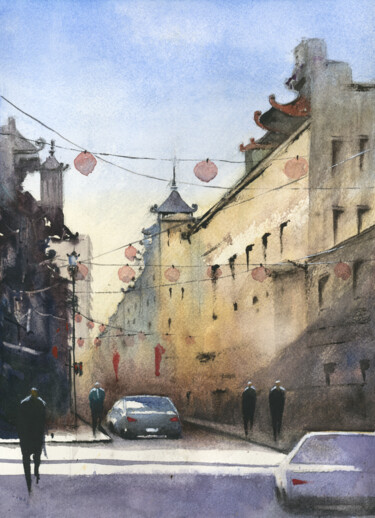 Painting titled "Chinese Lanterns" by Christelle Noireau, Original Artwork, Watercolor