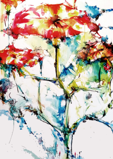 Картина под названием "Les fleurs de mon i…" - Christelle Pensarini, Подлинное произведение искусства, Акварель