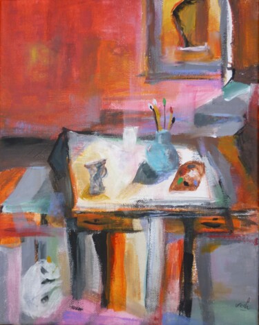 Malerei mit dem Titel "L'atelier du chat 2" von Christelle Veron Cherbonnier, Original-Kunstwerk, Acryl