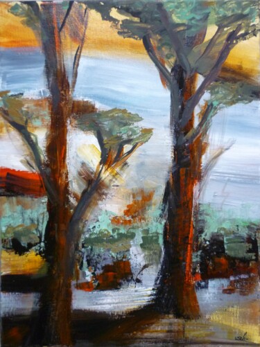 Malerei mit dem Titel "Les pins du hameau 2" von Christelle Veron Cherbonnier, Original-Kunstwerk, Acryl Auf Keilrahmen aus…