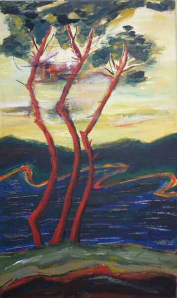 Malerei mit dem Titel "Les pins rouges" von Christelle Veron Cherbonnier, Original-Kunstwerk, Acryl Auf Keilrahmen aus Holz…