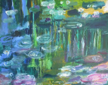 Painting titled "Bassin aux nymphéas…" by Christelle Veron Cherbonnier, Original Artwork, Acrylic Mounted on Wood Stretcher…