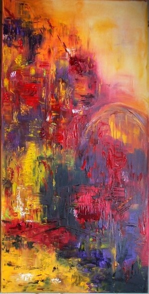 Painting titled "Red city" by Christelle Veron Cherbonnier, Original Artwork