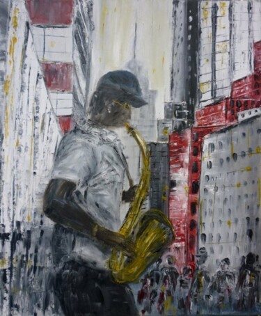 Painting titled "Jazzman in NYC" by Christelle Veron Cherbonnier, Original Artwork