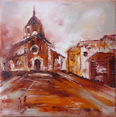 Peinture intitulée "Place de l'église 7…" par Christelle Veron Cherbonnier, Œuvre d'art originale