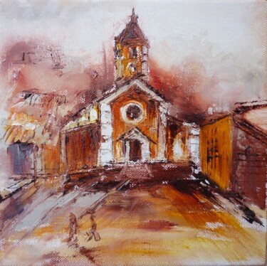 Peinture intitulée "Place de l'église 1…" par Christelle Veron Cherbonnier, Œuvre d'art originale