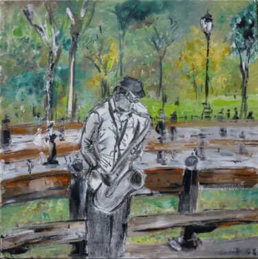 Painting titled "Jazzman in Central…" by Christelle Veron Cherbonnier, Original Artwork, Oil