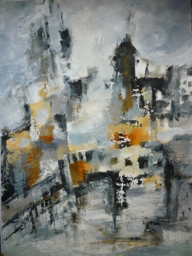 Painting titled "Cité lacustre 4" by Christelle Veron Cherbonnier, Original Artwork, Oil