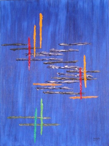 Peinture intitulée "Ville suspendue" par Christelle Benaglia, Œuvre d'art originale, Huile