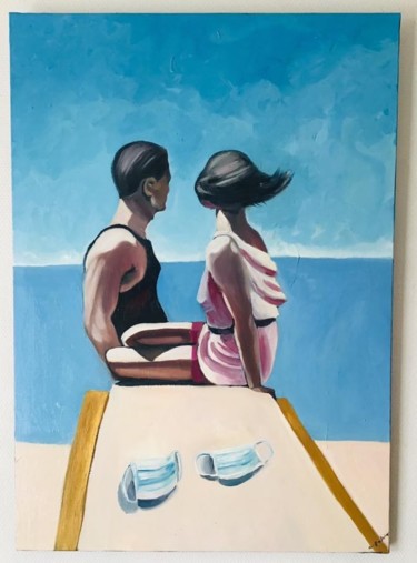 Painting titled "À l’horizon" by Christelle Delorme, Original Artwork, Oil