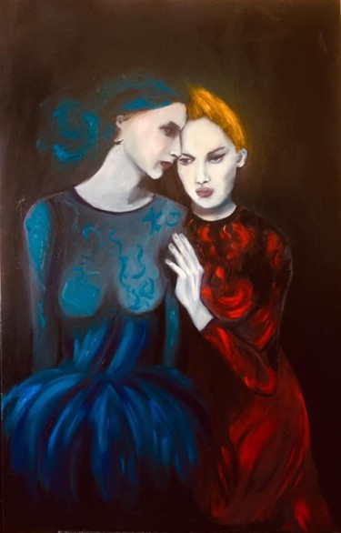 Malerei mit dem Titel "Les chuchoteuses" von Christelle Delorme, Original-Kunstwerk, Acryl