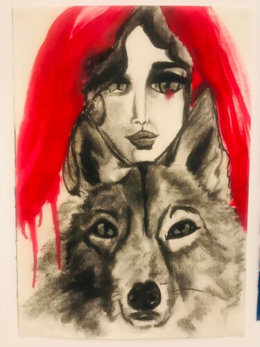 Drawing titled "La femme et le Loup" by Christelle Delorme, Original Artwork, Charcoal Mounted on Other rigid panel