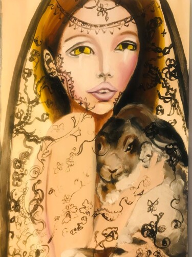 Malerei mit dem Titel "La femme et le Lapin" von Christelle Delorme, Original-Kunstwerk, Öl Auf Holzplatte montiert