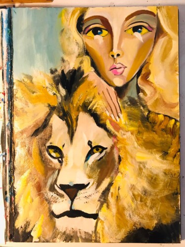 Painting titled "La Femme et le Lion" by Christelle Delorme, Original Artwork, Oil Mounted on Other rigid panel