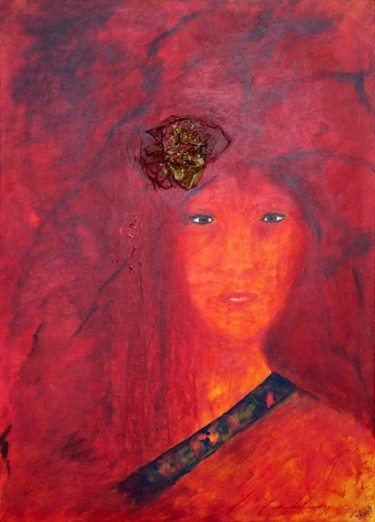 Painting titled "Portrait rouge" by Christelle Huillery, Original Artwork, Acrylic