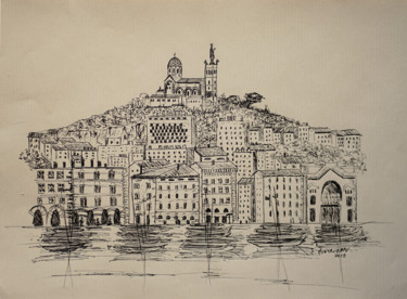 Dessin intitulée "Marseille en route…" par Christel Montauban, Œuvre d'art originale, Encre