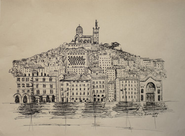 Marseille en route vers notre dame Dessin intitulée "Marseille en route…" par Christel Montauban, Œuvre d'art originale, Encre