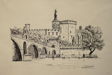 Disegno intitolato "Avignon cité des pa…" da Christel Montauban, Opera d'arte originale, Inchiostro