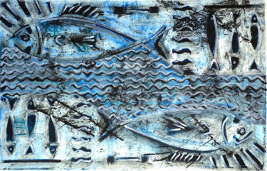 Peinture intitulée "Monotype Les poisso…" par Christel Montauban, Œuvre d'art originale, Pochoir