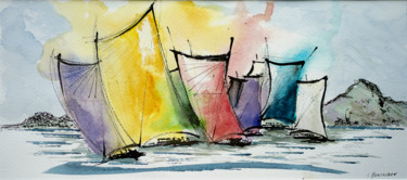 Painting titled "Course de yoles 1" by Christel Montauban, Original Artwork, Watercolor